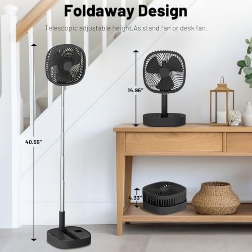 Black Portable Oscillating Pedestal Fan with Remote, 4 Speed, 120° Telescopic Rotation, Rechargeable 7200mAh, Quiet Timer for Travel & Home