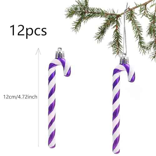 ToBeIT 12pcs Candy Canes Plastic Christmas Candy Cane Ornaments Glitter Cane Plastic Xmas Tree Hanging Ornaments Decorations Hanging for Holiday Party Decoration Favors (Purple)