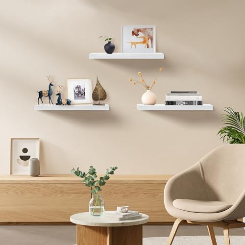 White Floating Shelves Set of 3 - 24 Inch Wall Storage & Display Shelves