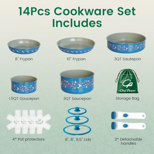Chef Power 14-Piece Ceramic Cookware Set with Detachable Handles - Non-Toxic, Induction, Dishwasher & Oven Safe, Turquoise