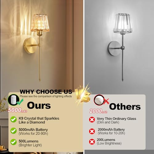 Amber Rechargeable Crystal Wall Sconce Set of 2 with Remote, Dimmable 12 Color Modes, Battery Operated LED Wall Lights for Bedroom & Living Room