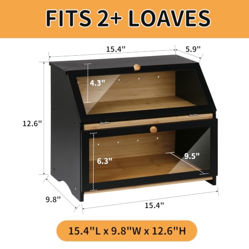 HOMEKOKO Double Layer Wooden Bread Box, Keep Fresh Longer, Black