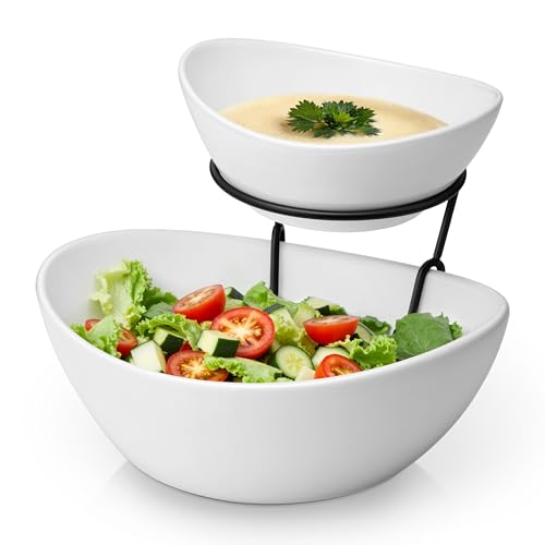 White 2-Tier Chip and Dip Serving Set with Metal Stand - Elegant Party Food Display