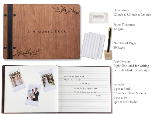 Wedding Guest Book with Signing Pen and Photo Slots - Cherry Wood Cover