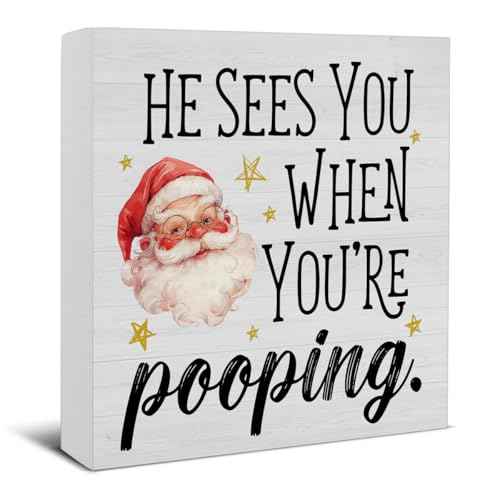 Funny Christmas Decorations, Christmas Bathroom Decor Sign, He Sees You When You're Pooping Wood Sign Rustic Home Bathroom Table Desk Decor (5 x 5 Inches)