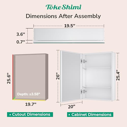 TokeShimi White 20x26 Inch Frameless Medicine Cabinet Mirror with Adjustable Shelves