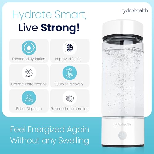 Hydrohealth Hydrogen Water Bottle for Kidney, Liver & Gut Health, 1600PPB, Rechargeable & Portable