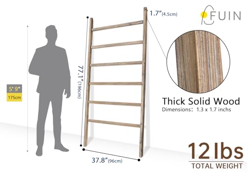 Extra Wide Wooden Blanket Ladder 38 Inch Rustic Decor Rack - Burnt Brown, 6.4ft