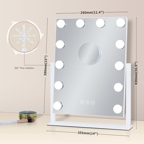 Lighted Vanity Mirror with 12 Dimmable Bulbs, 3 Color Modes, 10X Magnification, 360° Rotation - White, 16.8" L x 13.3" W