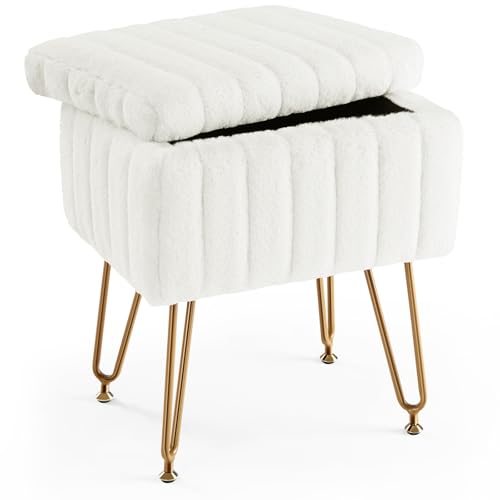 White Faux Fur Vanity Stool with Storage & Adjustable Metal Legs - Sweetcrispy