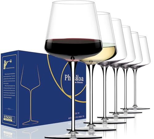 Physkoa Set of 6 Red Wine Glasses - 18oz Hand Blown Modern Square Stemware