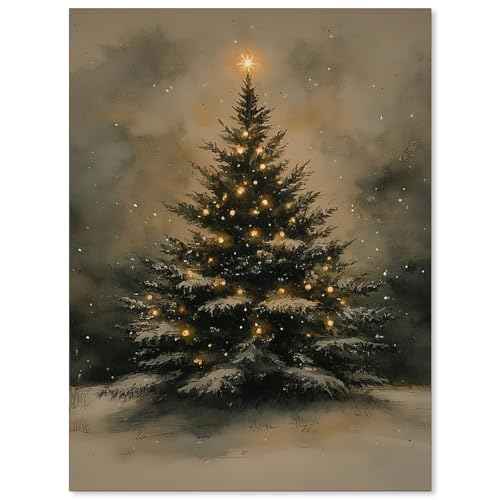 Heltrappe Christmas Tree Canvas Wall Art Moody Antique Evergreen Pine Tree Poster Vintage Winter Holiday Botanical Painting for Gallery Bedroom Wall Decor 12x16 inch Unframed