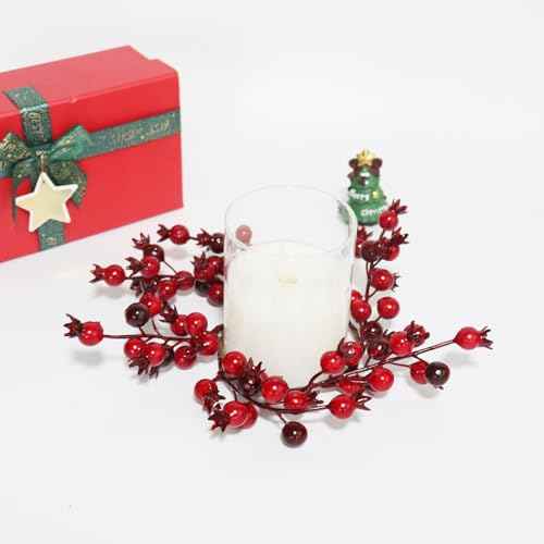 2 Pcs Christmas Burgundy Berry Candle Rings Wreaths Kitchen Cabinet Wreath Table Centerpieces Mini Rings for Pillars Window Chair Wall Decor Wreath Candle Holder (Burgundy)