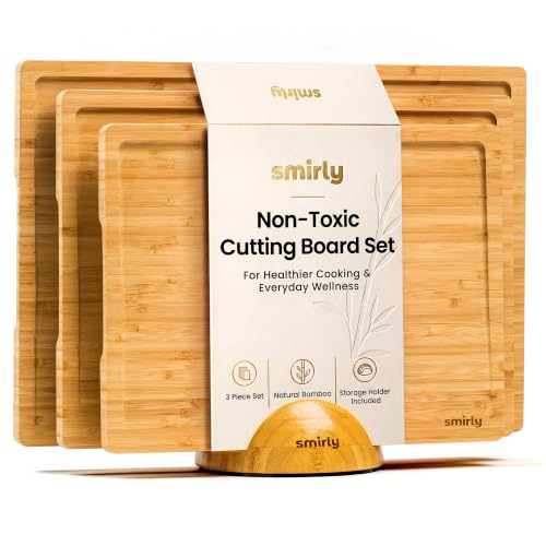 SMIRLY Natural Bamboo 4-Piece Cutting Board Set with Stand - Non-Toxic Kitchen Utensils