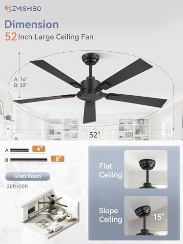 ZMISHIBO 52 Inch Black Ceiling Fan No Light with Remote, 6-Speed Reversible DC Motor