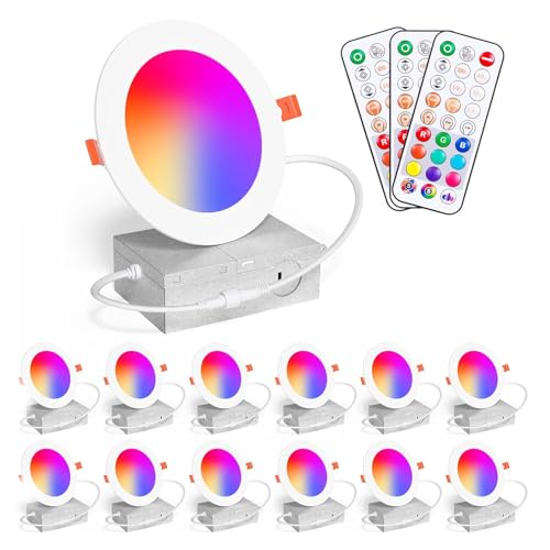 4-Inch RGB+CCT Recessed LED Downlights with Remote - 12 Pack, White Shell