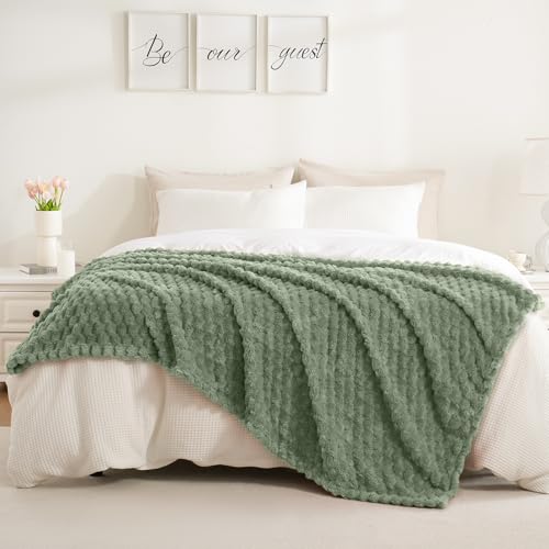 Excervent Flannel Fleece Throw Blanket(40x50 inches)for kids and pets, Big 3D Clouds Stylish Hexagon Jacquard Decorative Fuzzy Blankets for Household, Camping, and Travel, Super Soft Cozy, Sage Green