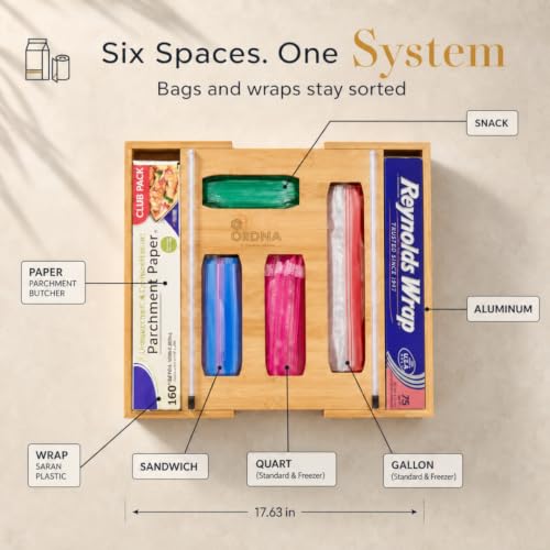 Expandable Bamboo 6-in-1 Kitchen Drawer Organizer for Bags & Wraps