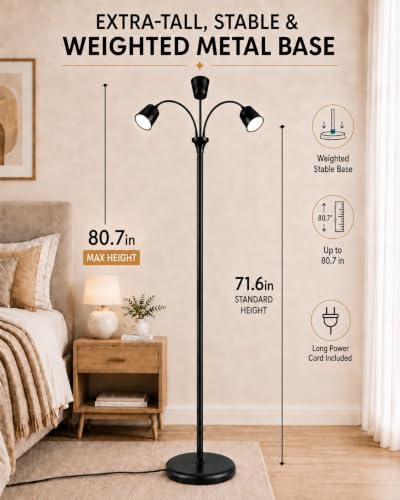 RUISHINE 1700K Ultra-Warm 3-Head Floor Lamp with Stepless Dimming & Remote