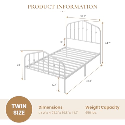 Twin Size Metal Bed Frame with Wrought Iron Headboard - White, Rustic Style
