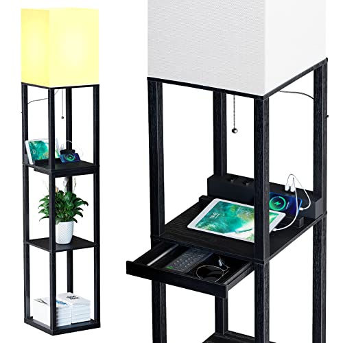 SUNMORY Black Floor Lamp with Shelves and Drawer, Solid Wood with USB & Power Outlets