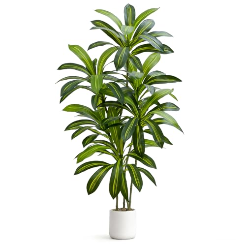 Artificial Dracaena Tree with White Planter - 5ft Tall Faux Indoor Plant