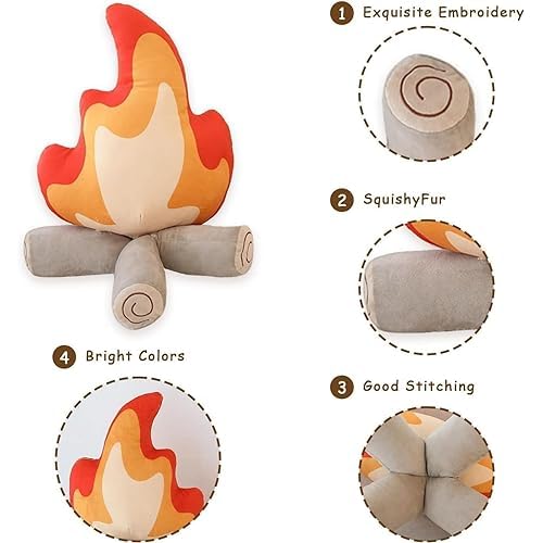 Simulation Campfire Plush Pillow, Flame Stuffed Plush Toy Room Decoration Birthday Xmas Gift for Kids (11.8Inch)