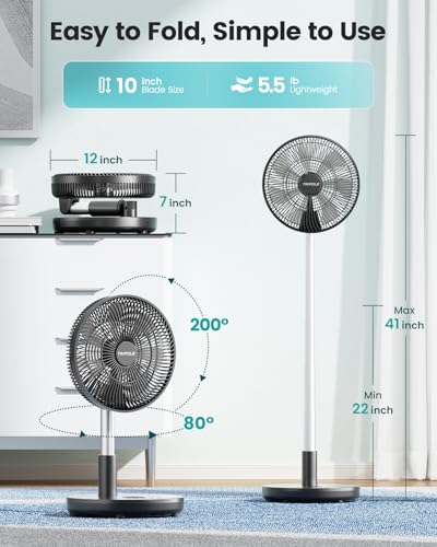 TriPole Foldable Standing Fan 12" Portable Rechargeable Quiet Fans, 6
