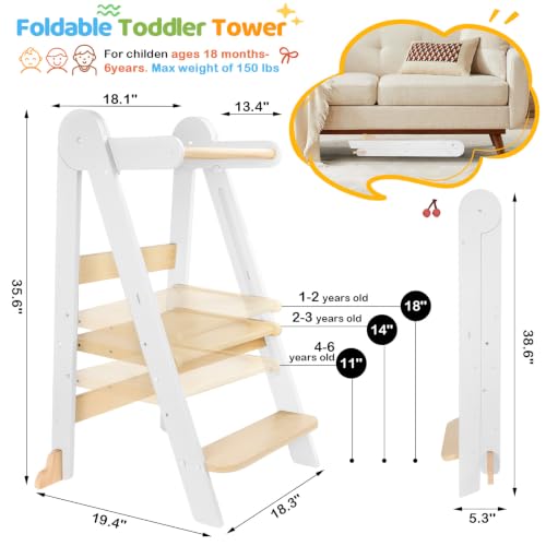 Foldable Wooden Toddler Learning Tower - Height Adjustable Kids Step Stool - White Variation