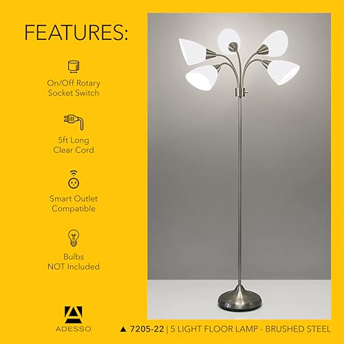Adesso Silver Floor Lamp with 5 Movable Shades & Adjustable Brightness