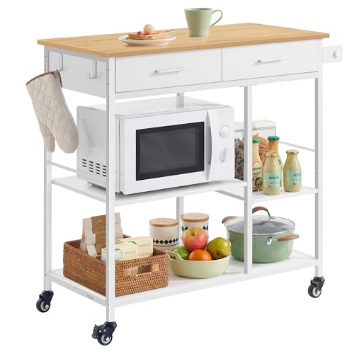 VASAGLE Kitchen Island Cart with Storage, 2 Drawers & Towel Rack - Oak Beige White, 17.7D x 38.8W x 35.4H