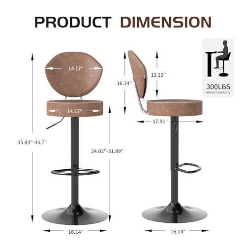 Ermnois Set of 2 Adjustable Brown Suede-Like Leather Swivel Bar Stools