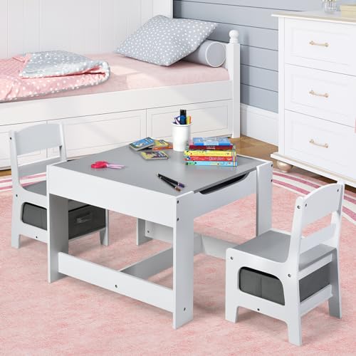 Kids Art & Craft Table Set with Storage - Gray & White, 24.5 x 24.5 inches