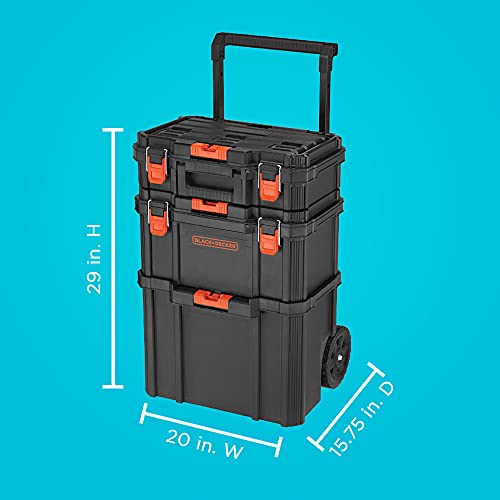 Stackable Tool Storage System - 3 Piece Set with Rolling Tote and Toolboxes