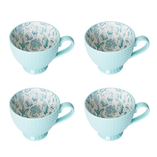 Stoneware Dinnerware Set for 4 - Aqua White Coastal Design, Microwave Safe