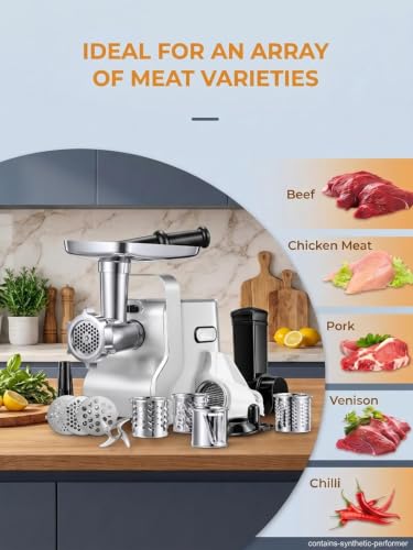 Heavy Duty Electric Meat Grinder 3000W Max - Silver, 5-in-1 Kitchen Mincer & Sausage Stuffer