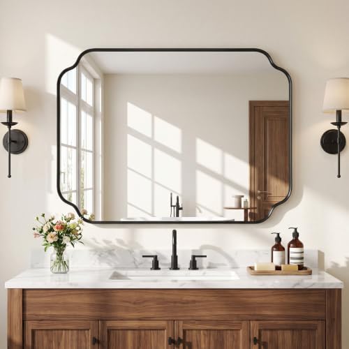 40x30 Inch Bathroom Wall Mirror with Scalloped Frame - Black, HD Shatterproof Glass
