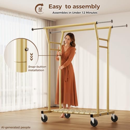 HYSEYY Gold Heavy Duty Rolling Clothes Rack with Shelves - Supports 700LBS