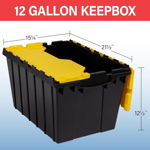 12-Gallon Stackable Plastic Storage Tote with Hinged Lid - Black and Yellow, 1 Pack