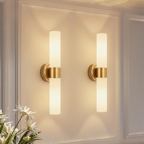 Meybiok Brushed Gold & Milky White Glass Wall Sconces Set of 2, Modern Bathroom & Living Room Lighting - Hardwired 22 Inch