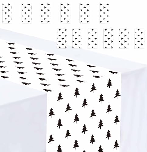 12 Pack Christmas Table Runner Plastic Holiday Decor 14 x 108 Black with Christmas Trees
