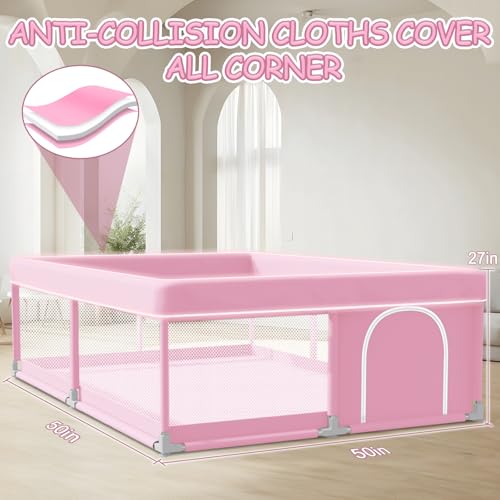 Pink Baby Playpen 50x50 Inch Indoor Outdoor Play Yard with Mesh & Fabric
