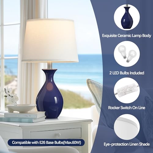 PARTPHONER Navy Blue Ceramic Table Lamps Set of 2 - Modern Bedside Nightstand Lamps for Bedroom & Living Room