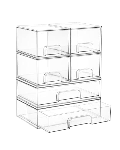 Vtopmart Stackable Plastic Storage Drawers Set of 6 – 2 Wide + 4 Small Organizers
