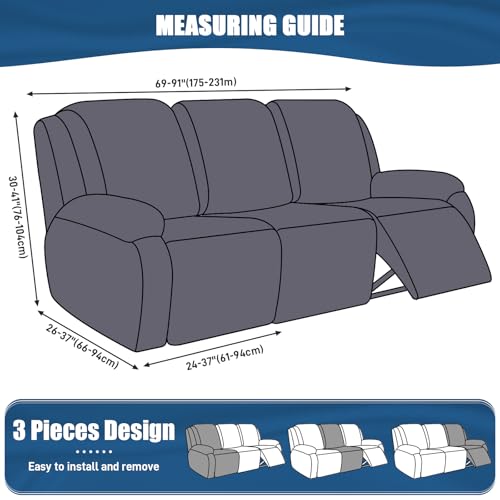 Recliner Sofa Slipcover 3 Piece Dark Gray Fit 3-Seat Reclining Couch