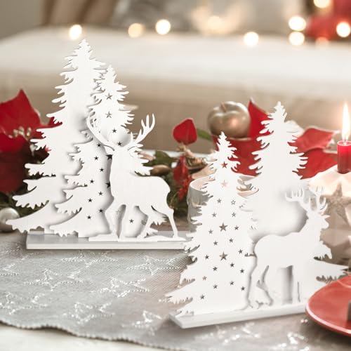 Wooden Christmas Tree and Reindeer Tabletop Decor with Lights - Rustic Holiday Home Decor