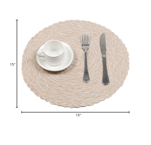 SHACOS Round Braided Placemats 15 inch Set of 4 Boho Woven Washable Kitchen Table Placemats for Home Wedding Party (T-Beige, 4)
