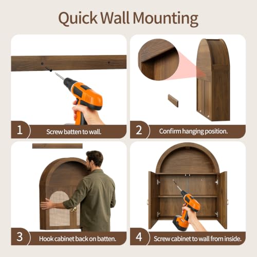 Curlaky Walnut Arched Bathroom Wall Cabinet with Rattan Doors