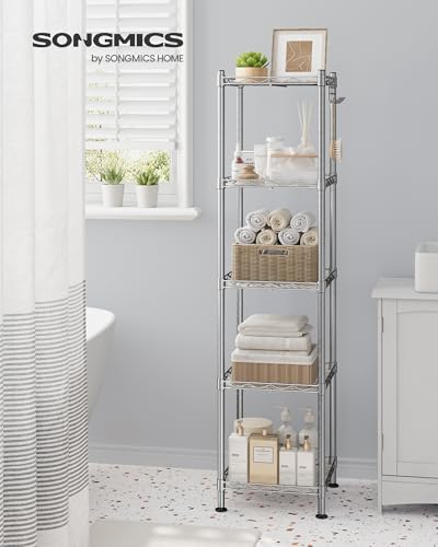 Silver 5-Tier Bathroom Shelf Storage Rack - Space Saver, Adjustable & Extendable