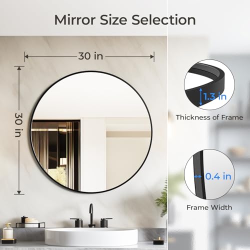 USHOWER 30 Inch Black Bathroom Mirror Over Sink, Round Modern Vanity Mirror, Rust-Resistant Frame, 30" L x 30" W